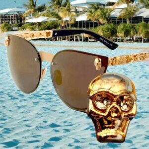Skull Cat Eye Sunglasses Oversize Rhinestone Eyes Accents Brown Gold Frame